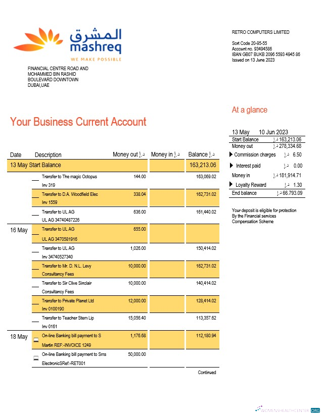Download Mashreq Bank company checking account statement Word and PDF template Photoshop template